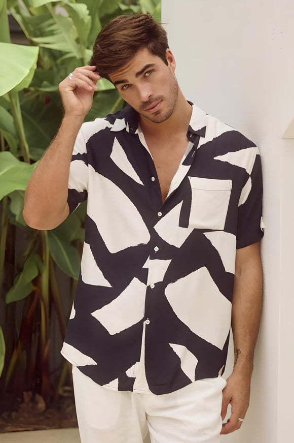 RUNAWAY Mens Lazure Short Sleeve Shirt - Black Stone Print, MENS SHIRTS, RUNAWAY, Elwood 101