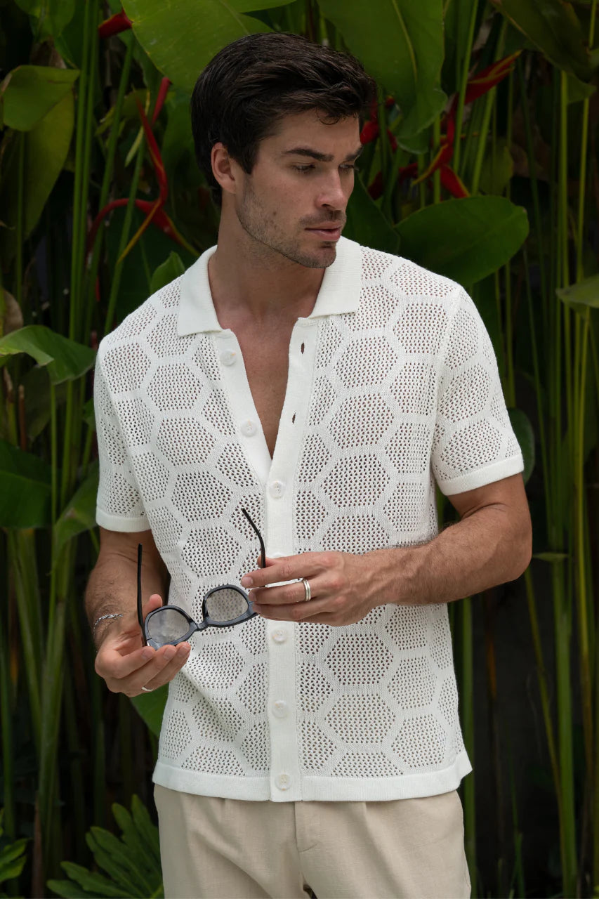RUNAWAY Mens Keneth Short Sleeve Knit Shirt - White, MENS SHIRTS, RUNAWAY, Elwood 101