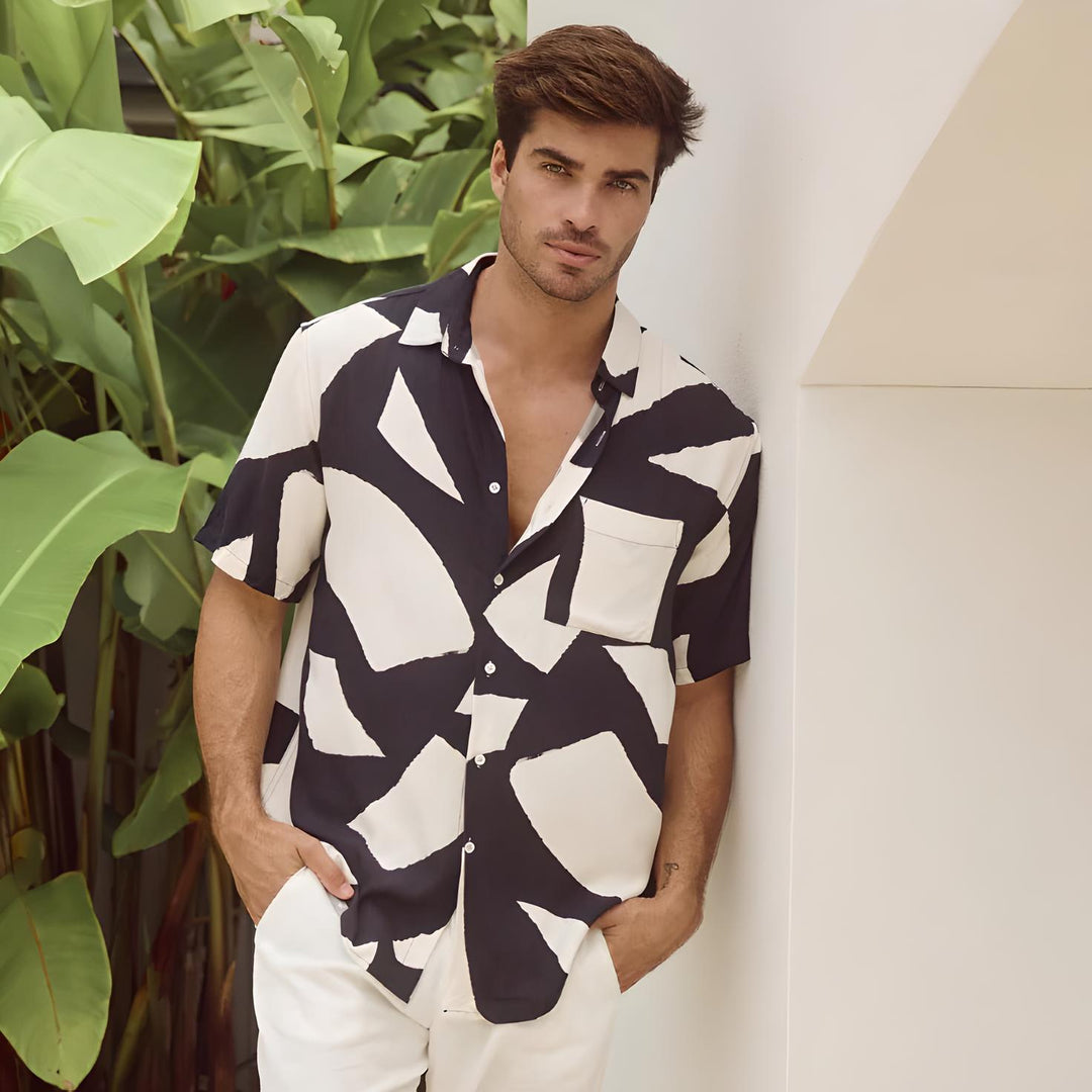RUNAWAY Mens Lazure Short Sleeve Shirt - Black Stone Print, MENS SHIRTS, RUNAWAY, Elwood 101