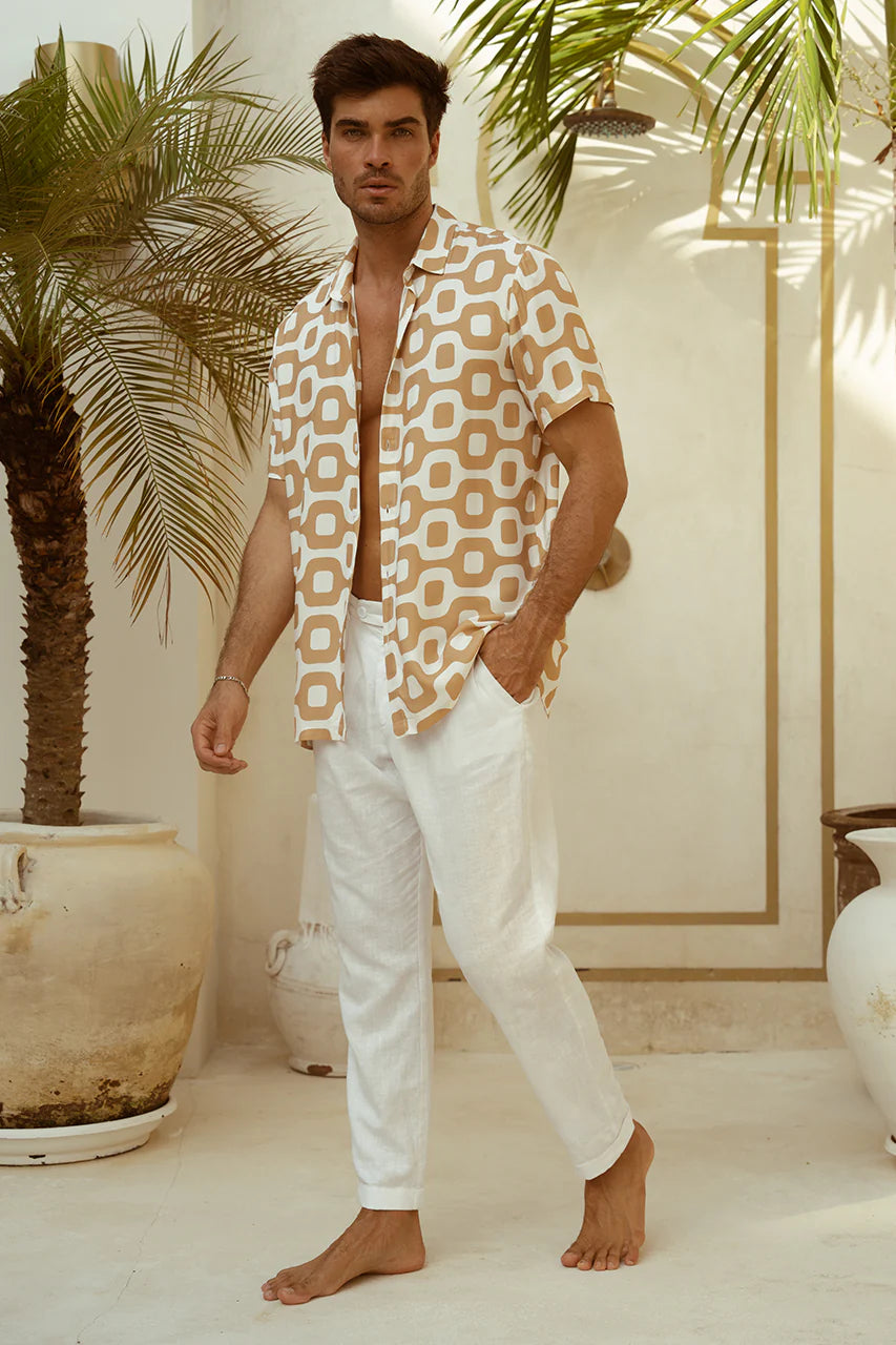 RUNAWAY Mens Mason Short Sleeve Shirt - Sand White Print, MENS SHIRTS, RUNAWAY, Elwood 101