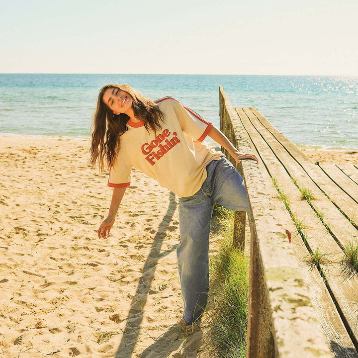 SKWOSH Mens Gone Fishin' Boxy Ringer Tee in Off White