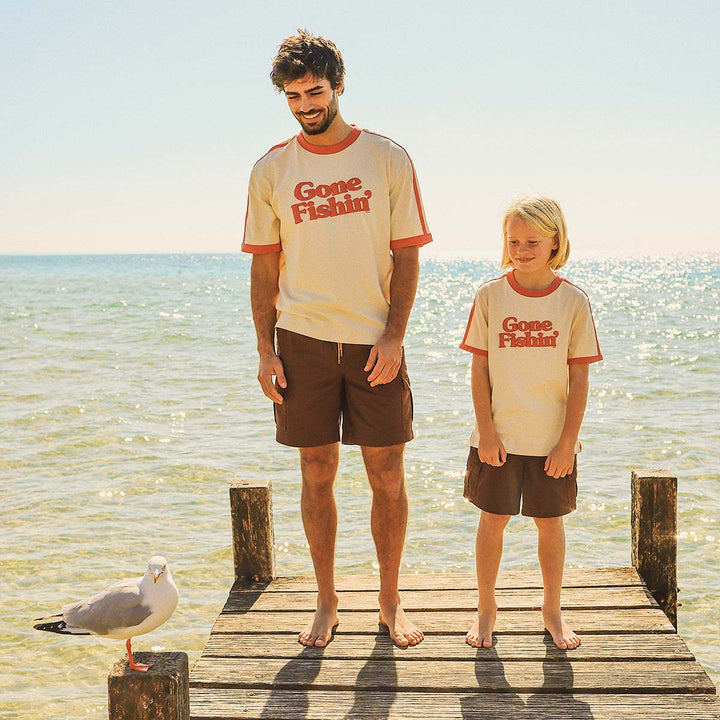 SKWOSH Mens Gone Fishin' Boxy Ringer Tee in Off White