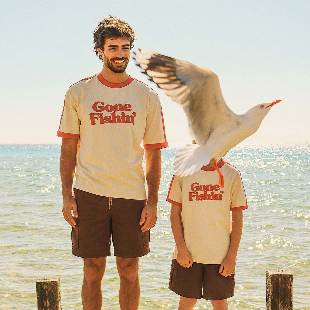 SKWOSH Mens Gone Fishin' Boxy Ringer Tee in Off White