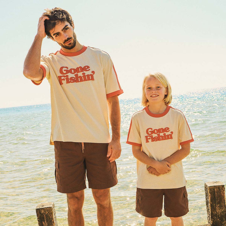 SKWOSH Mens Gone Fishin' Boxy Ringer Tee in Off White