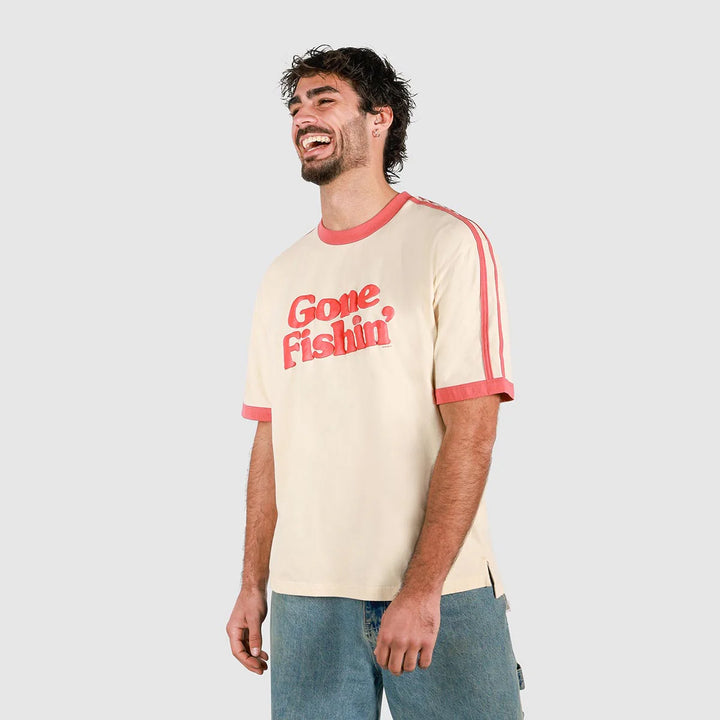 SKWOSH Mens Gone Fishin' Boxy Ringer Tee in Off White