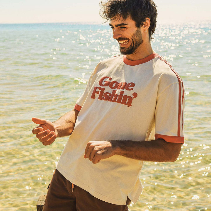 SKWOSH Mens Gone Fishin' Boxy Ringer Tee in Off White