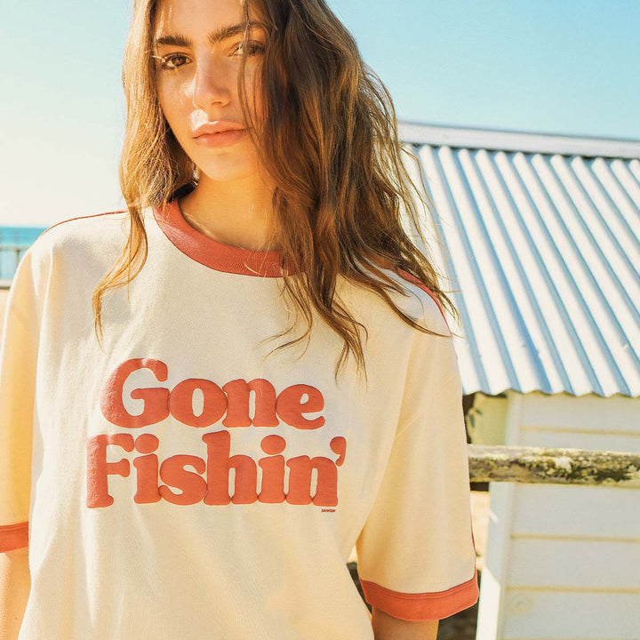 SKWOSH Mens Gone Fishin' Boxy Ringer Tee in Off White