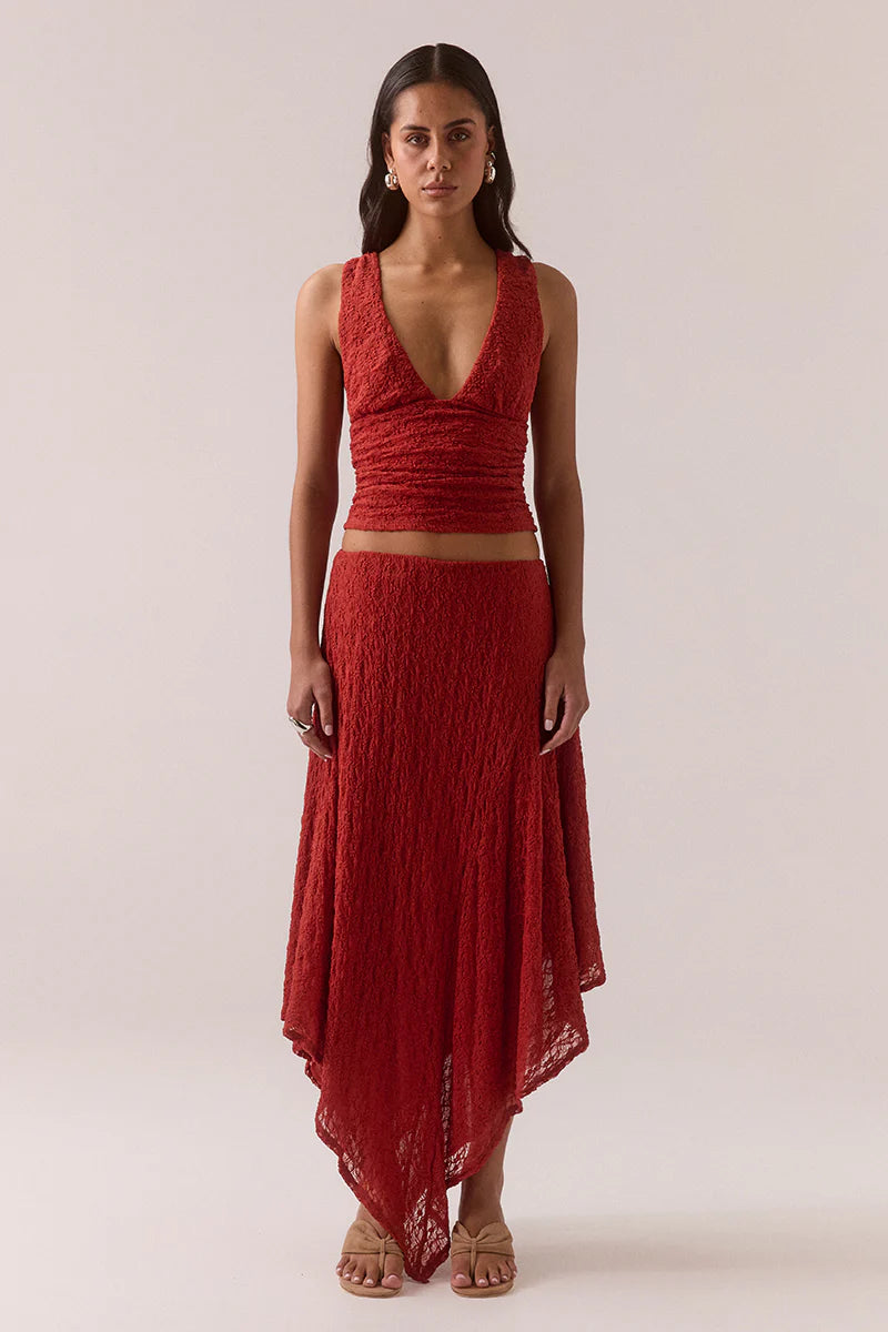 SOVERE Womens Aaila Lace Skirt in Blood Orange, WOMENS SKIRTS, SOVERE, Elwood 101