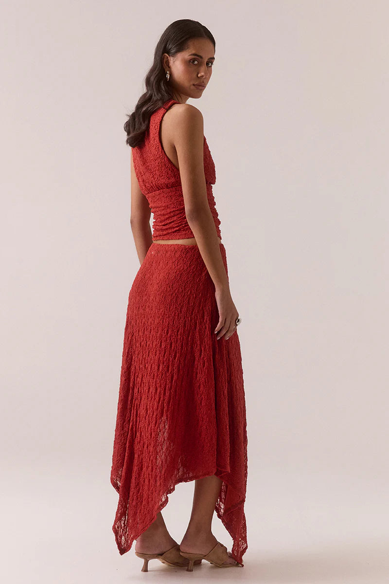 SOVERE Womens Aaila Lace Skirt in Blood Orange, WOMENS SKIRTS, SOVERE, Elwood 101