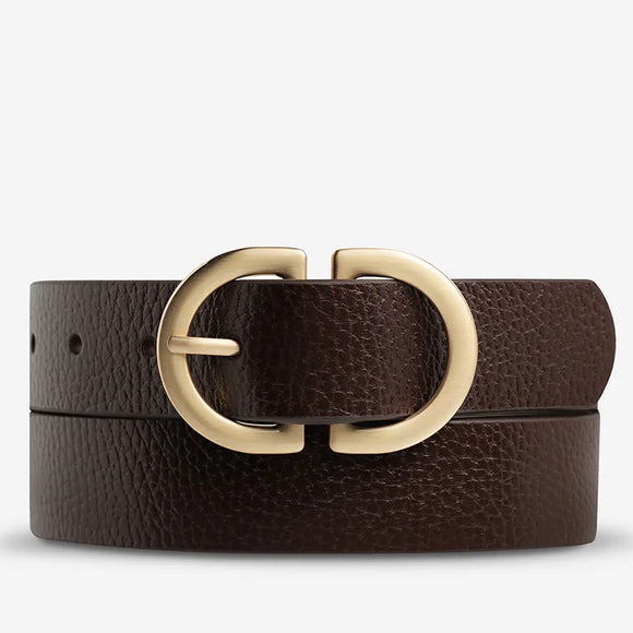 STATUS ANXIETY Womens In Reverse Leather Belt - Choc / Gold