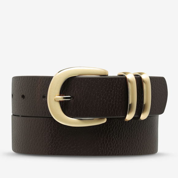 STATUS ANXIETY Womens Let It Be Leather Belt - Choc/Gold, WOMENS BELTS, STATUS ANXIETY, Elwood 101
