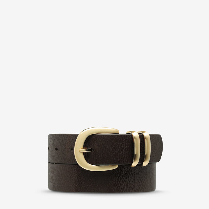 STATUS ANXIETY Womens Let It Be Leather Belt - Choc/Gold, WOMENS BELTS, STATUS ANXIETY, Elwood 101