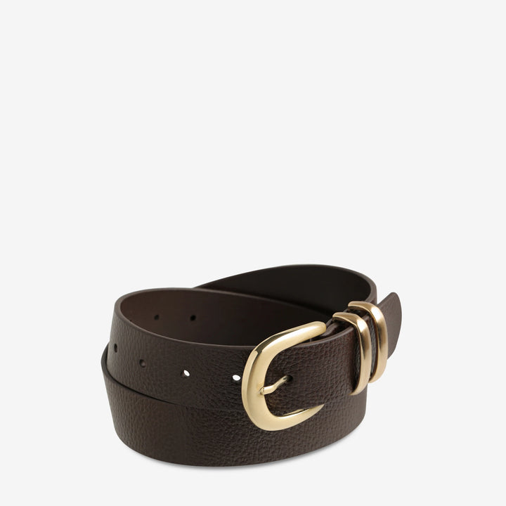 STATUS ANXIETY Womens Let It Be Leather Belt - Choc/Gold, WOMENS BELTS, STATUS ANXIETY, Elwood 101