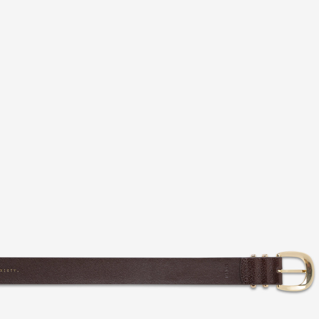 STATUS ANXIETY Womens Let It Be Leather Belt - Choc/Gold, WOMENS BELTS, STATUS ANXIETY, Elwood 101