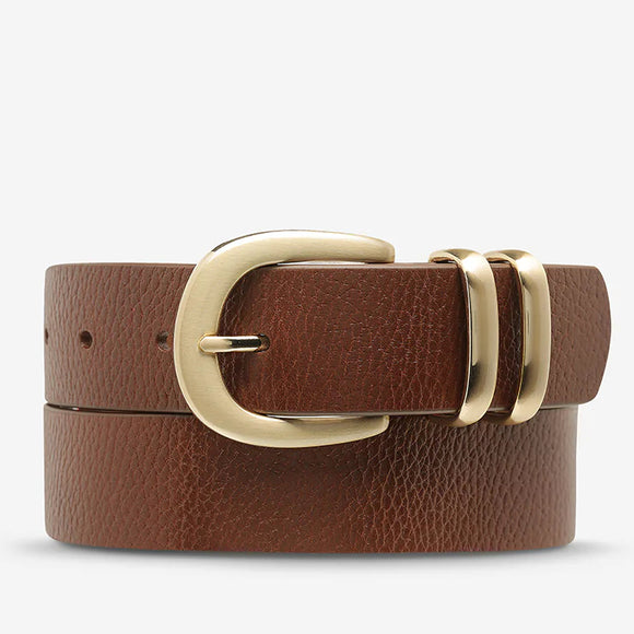 STATUS ANXIETY Womens Let It Be Leather Belt - Tan/Gold, WOMENS BELTS, STATUS ANXIETY, Elwood 101
