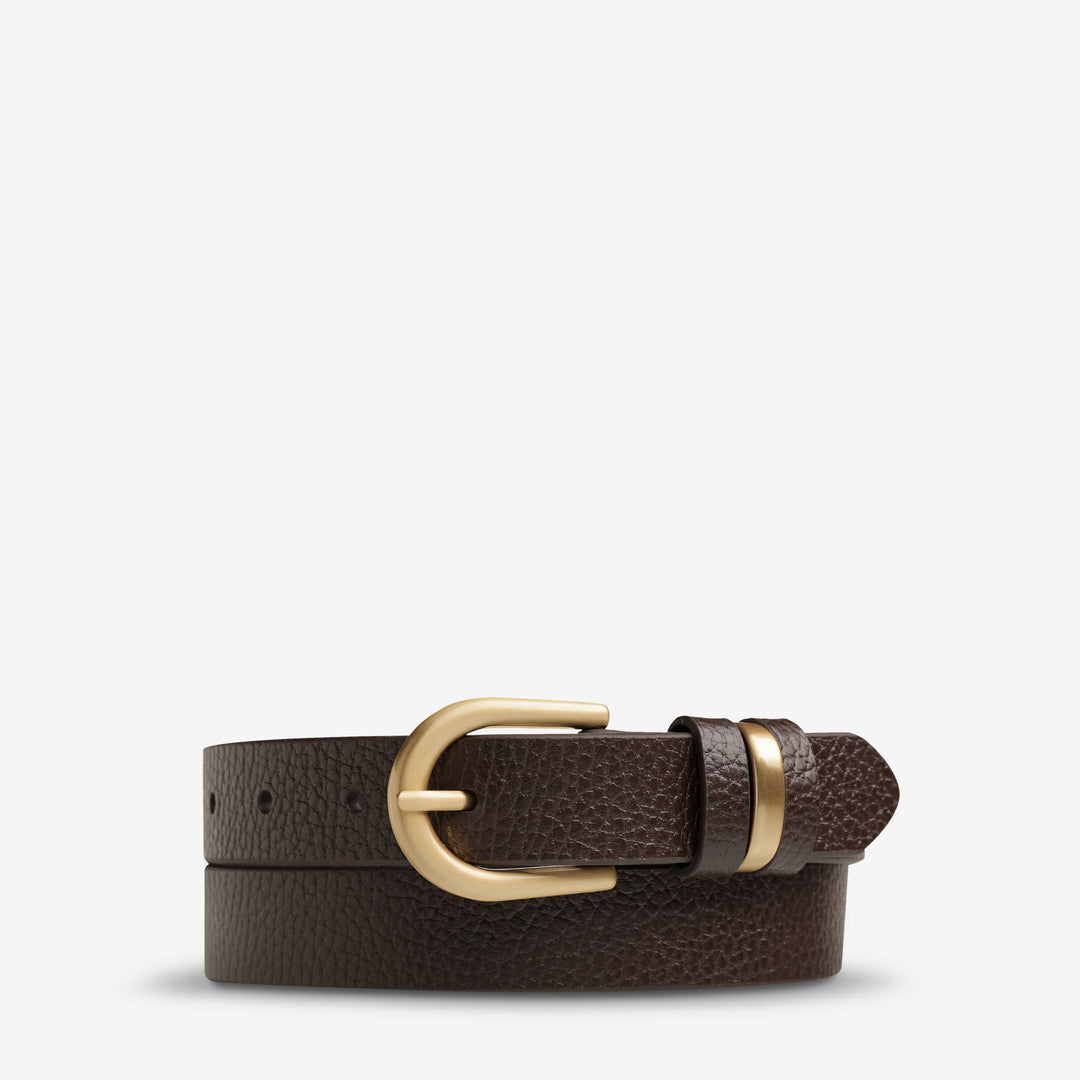 STATUS ANXIETY Womens Over And Over Leather Belt - Choc/ Gold, WOMENS BELTS, STATUS ANXIETY, Elwood 101