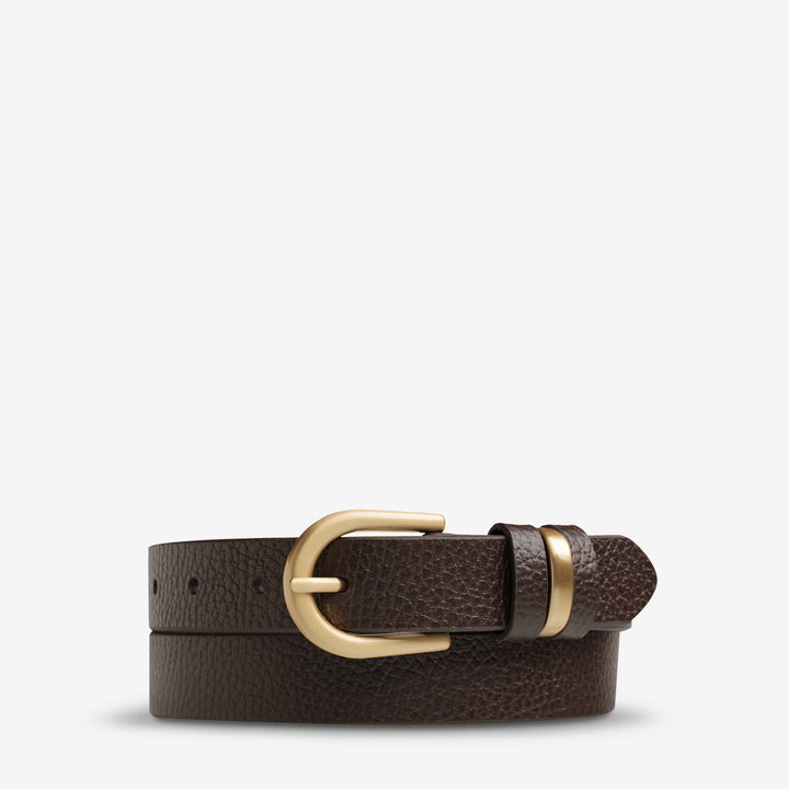 STATUS ANXIETY Womens Over And Over Leather Belt - Choc/ Gold, WOMENS BELTS, STATUS ANXIETY, Elwood 101