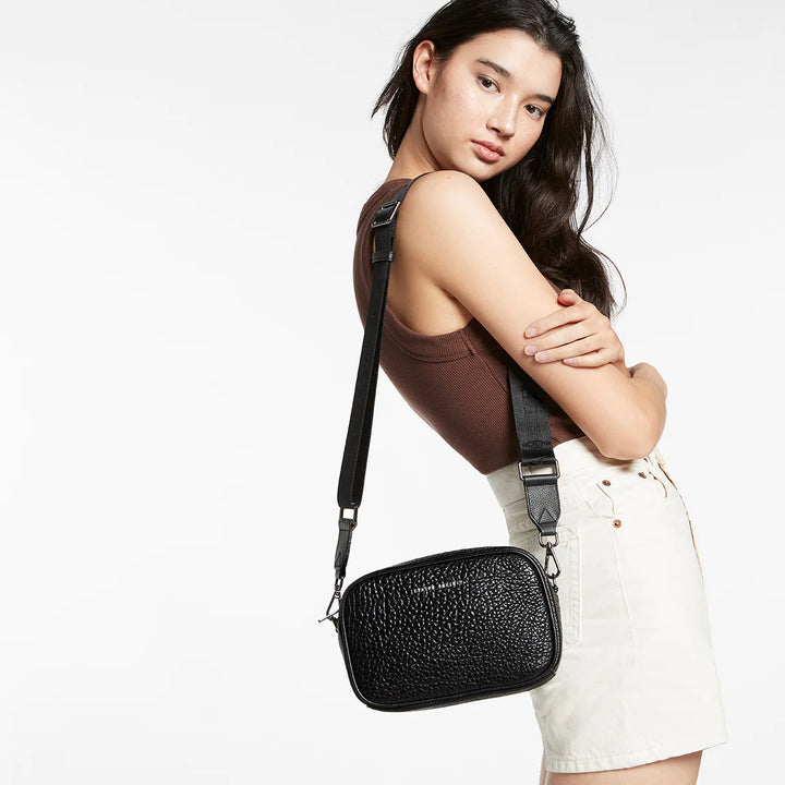 STATUS ANXIETY Womens Plunder Cross Body Leather Bag with Webbed Strap - Black Bubble Leather, WOMENS BAGS & CLUTCHES, STATUS ANXIETY, Elwood 101