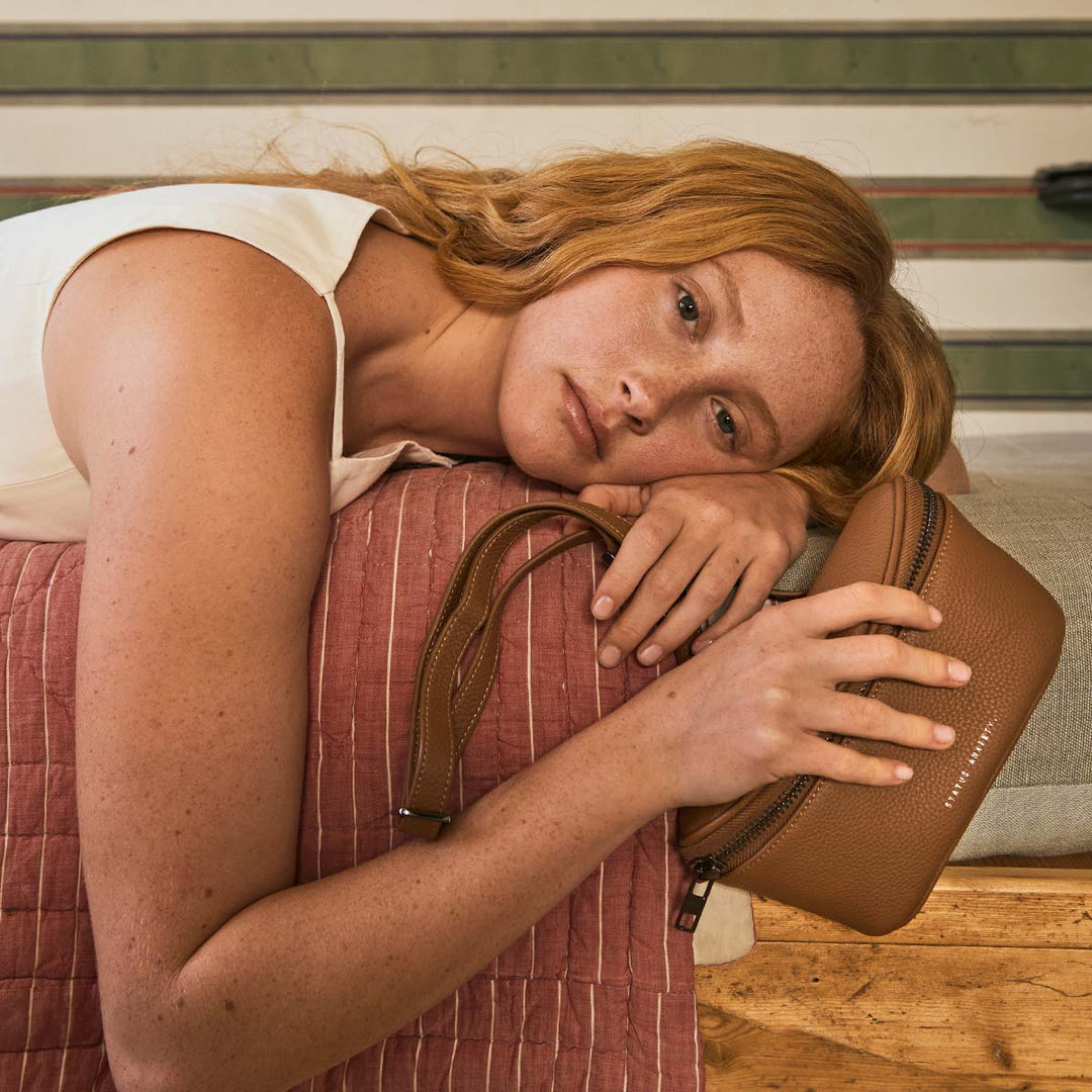 STATUS ANXIETY Womens Best Lies Leather Bum Bag in Camel