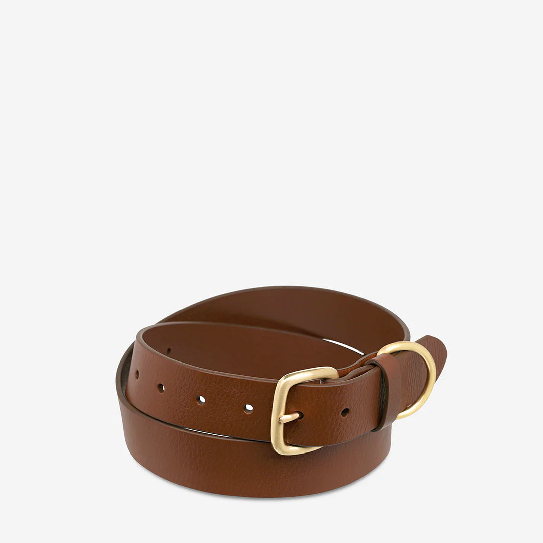 STATUS ANXIETY Womens Disarm Leather Belt - Tan w Gold Buckle, WOMENS BELTS, STATUS ANXIETY, Elwood 101