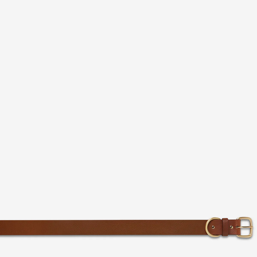 STATUS ANXIETY Womens Disarm Leather Belt - Tan w Gold Buckle, WOMENS BELTS, STATUS ANXIETY, Elwood 101