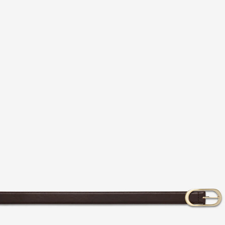 STATUS ANXIETY Womens Final Loop Leather Belt in Choc Nappa/ Gold, WOMENS BELTS, STATUS ANXIETY, Elwood 101