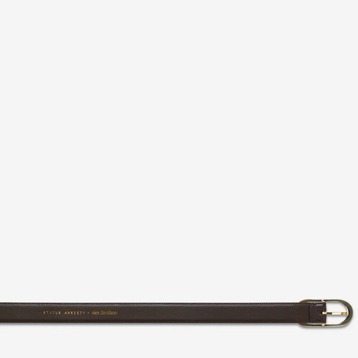 STATUS ANXIETY Womens Final Loop Leather Belt in Choc Nappa/ Gold, WOMENS BELTS, STATUS ANXIETY, Elwood 101