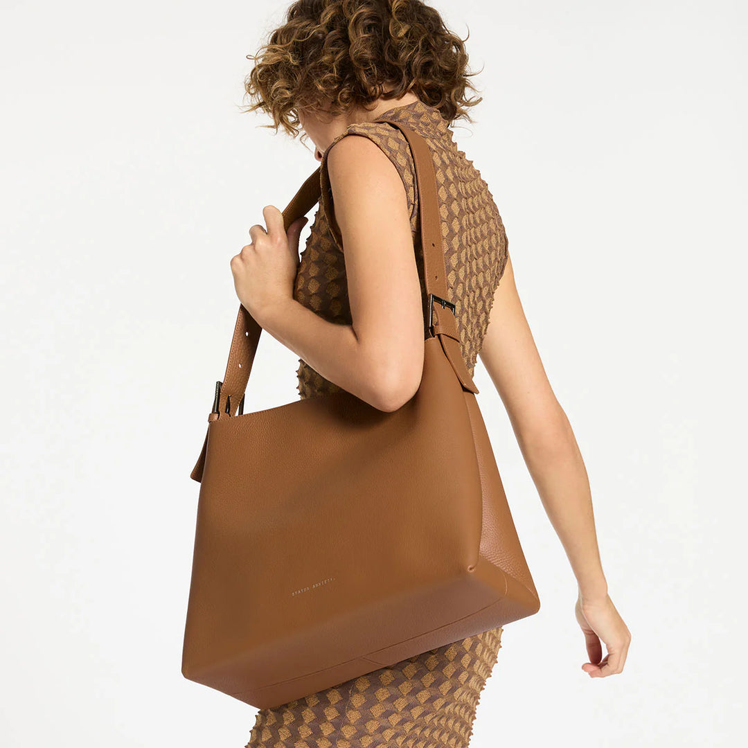 STATUS ANXIETY Womens Forget About It Leather Tote Bag - Camel, WOMENS BAGS & CLUTCHES, STATUS ANXIETY, Elwood 101