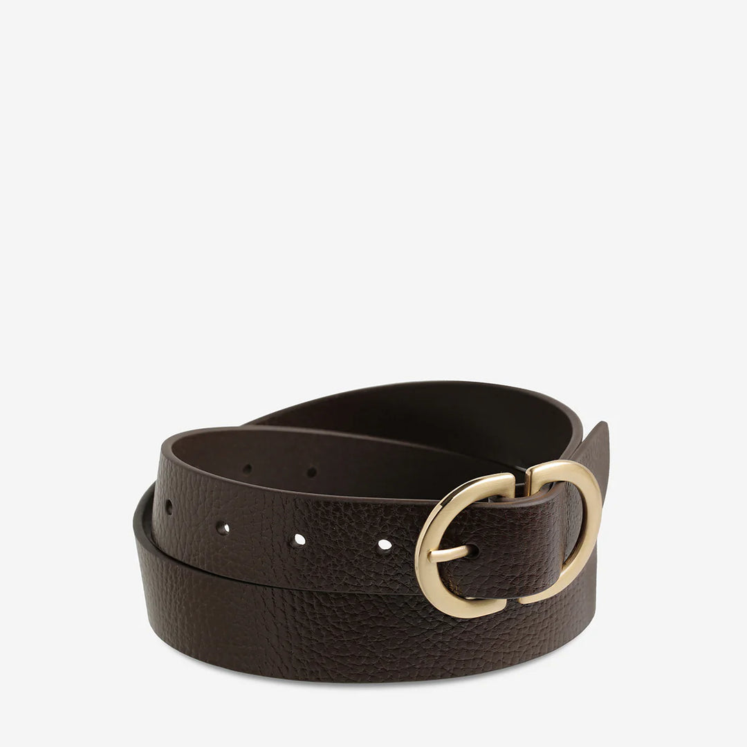STATUS ANXIETY Womens In Reverse Leather Belt - Choc / Gold, WOMENS BELTS, STATUS ANXIETY, Elwood 101