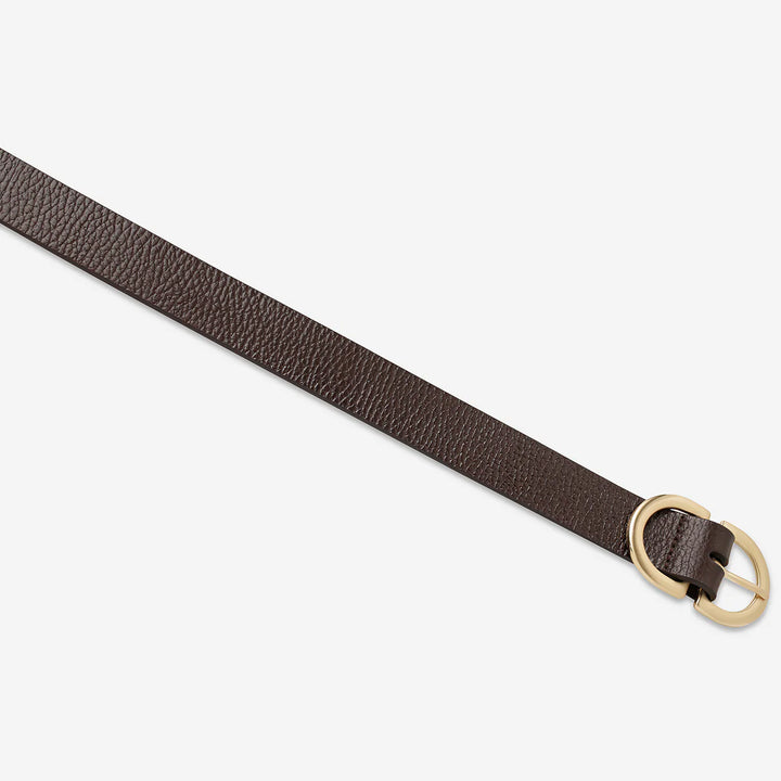 STATUS ANXIETY Womens In Reverse Leather Belt - Choc / Gold, WOMENS BELTS, STATUS ANXIETY, Elwood 101