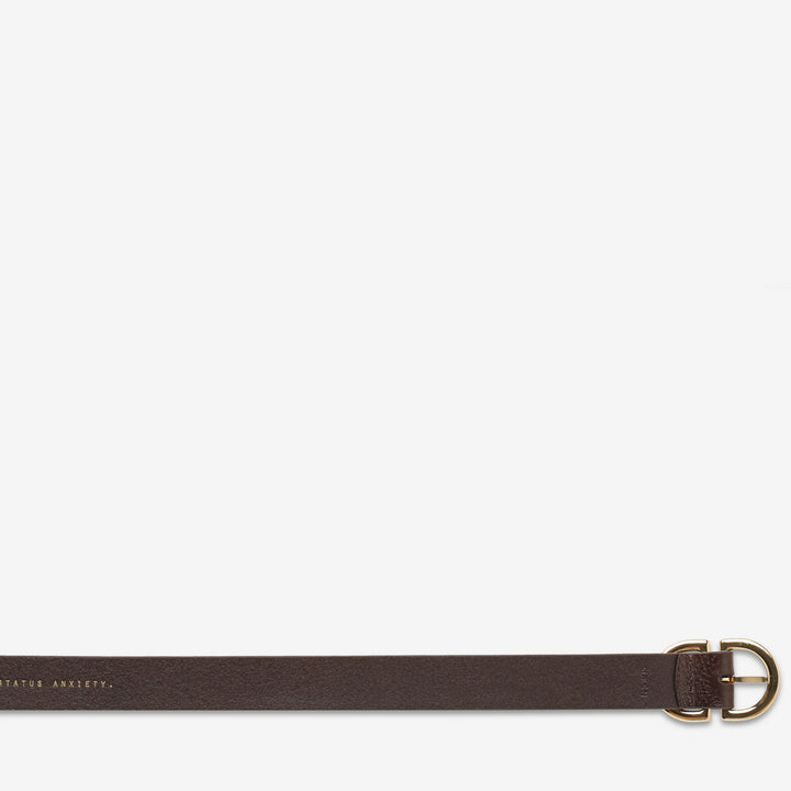 STATUS ANXIETY Womens In Reverse Leather Belt - Choc / Gold, WOMENS BELTS, STATUS ANXIETY, Elwood 101