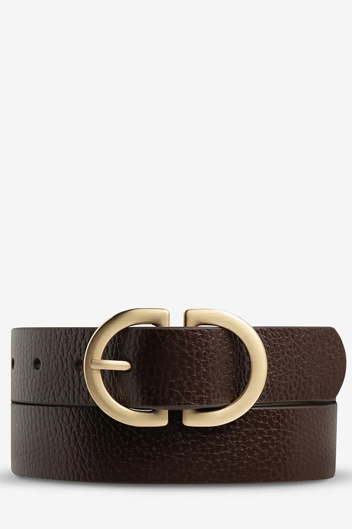 STATUS ANXIETY Womens In Reverse Leather Belt - Choc / Gold
