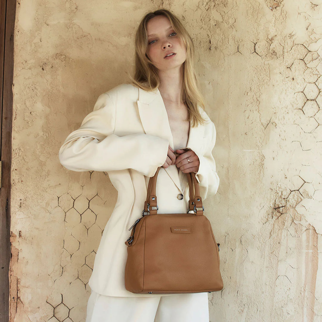 STATUS ANXIETY Womens Last Mountains Leather Bag - Camel, WOMENS BAGS & CLUTCHES, STATUS ANXIETY, Elwood 101