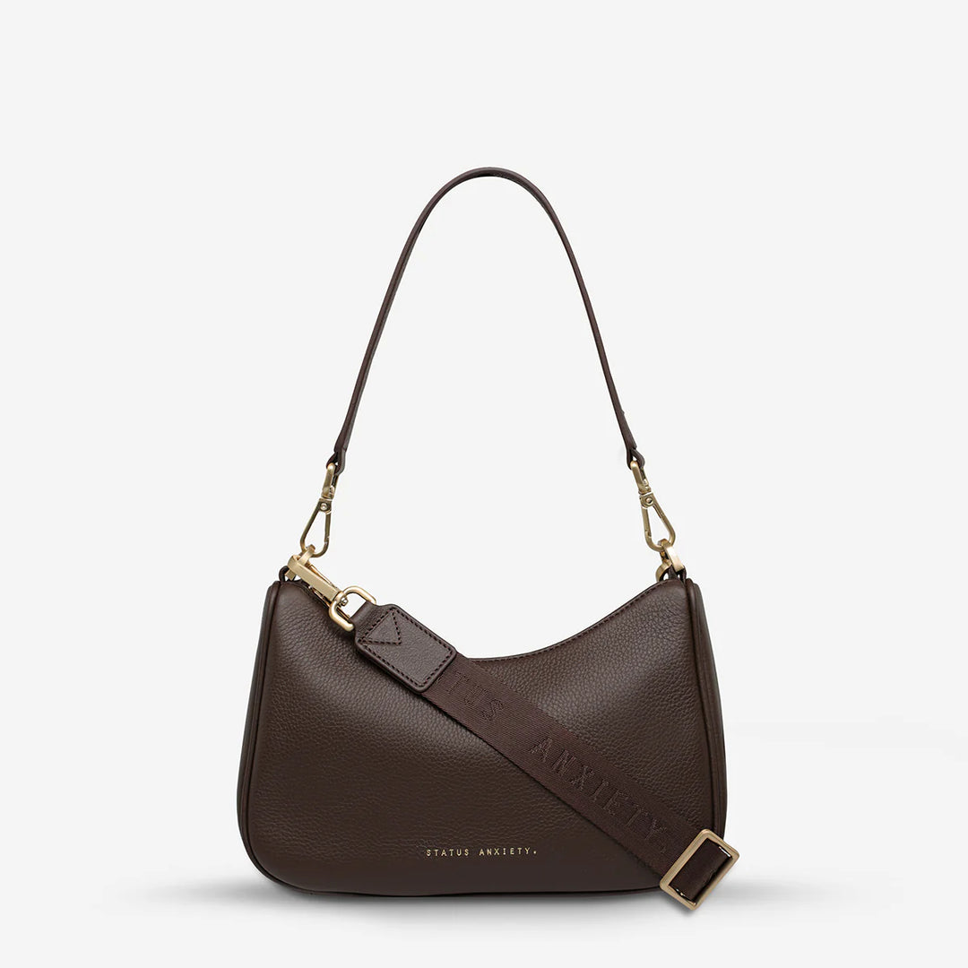 STATUS ANXIETY Womens Look Both Ways Leather Bag in Cocoa w Brushed Gold, WOMENS BAGS & CLUTCHES, STATUS ANXIETY, Elwood 101