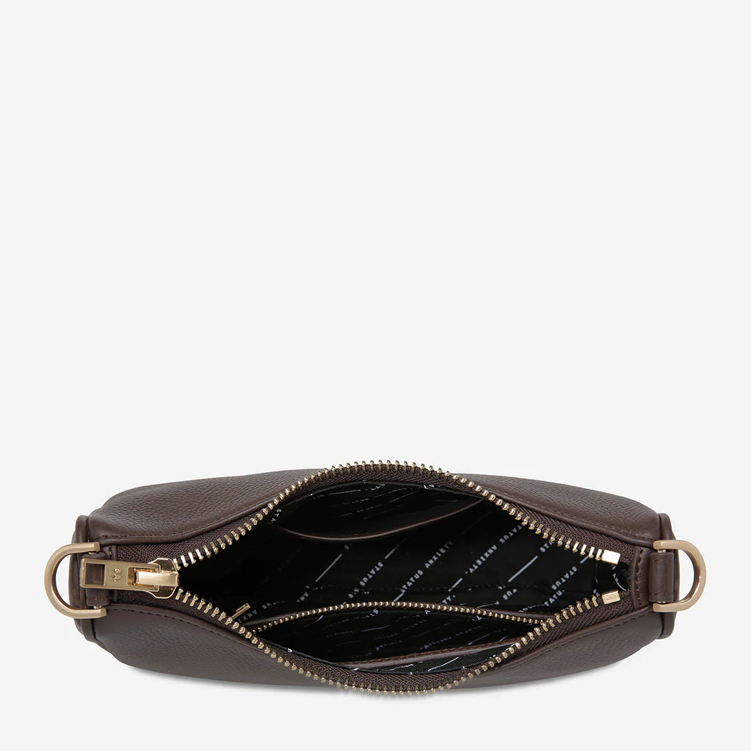 STATUS ANXIETY Womens Look Both Ways Leather Bag in Cocoa w Brushed Gold, WOMENS BAGS & CLUTCHES, STATUS ANXIETY, Elwood 101
