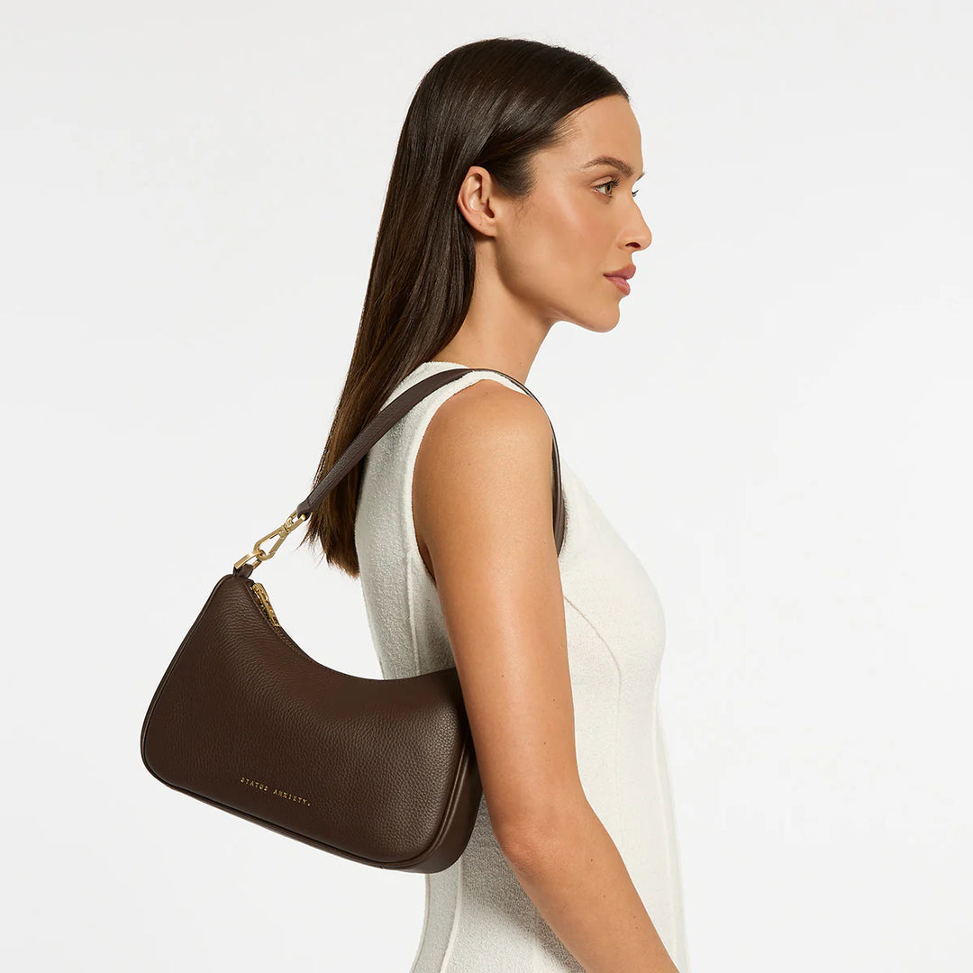 STATUS ANXIETY Womens Look Both Ways Leather Bag in Cocoa w Brushed Gold, WOMENS BAGS & CLUTCHES, STATUS ANXIETY, Elwood 101