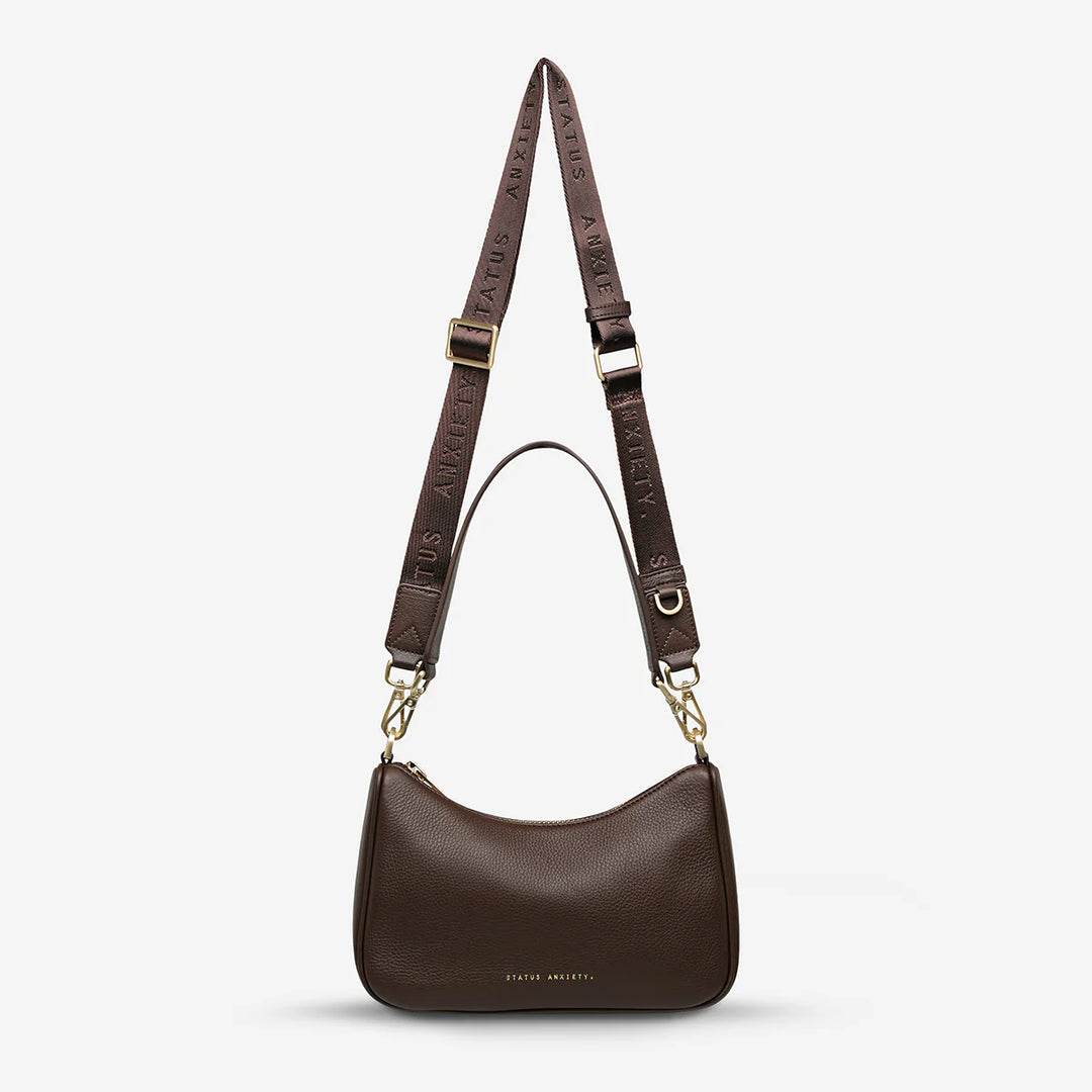 STATUS ANXIETY Womens Look Both Ways Leather Bag in Cocoa w Brushed Gold, WOMENS BAGS & CLUTCHES, STATUS ANXIETY, Elwood 101