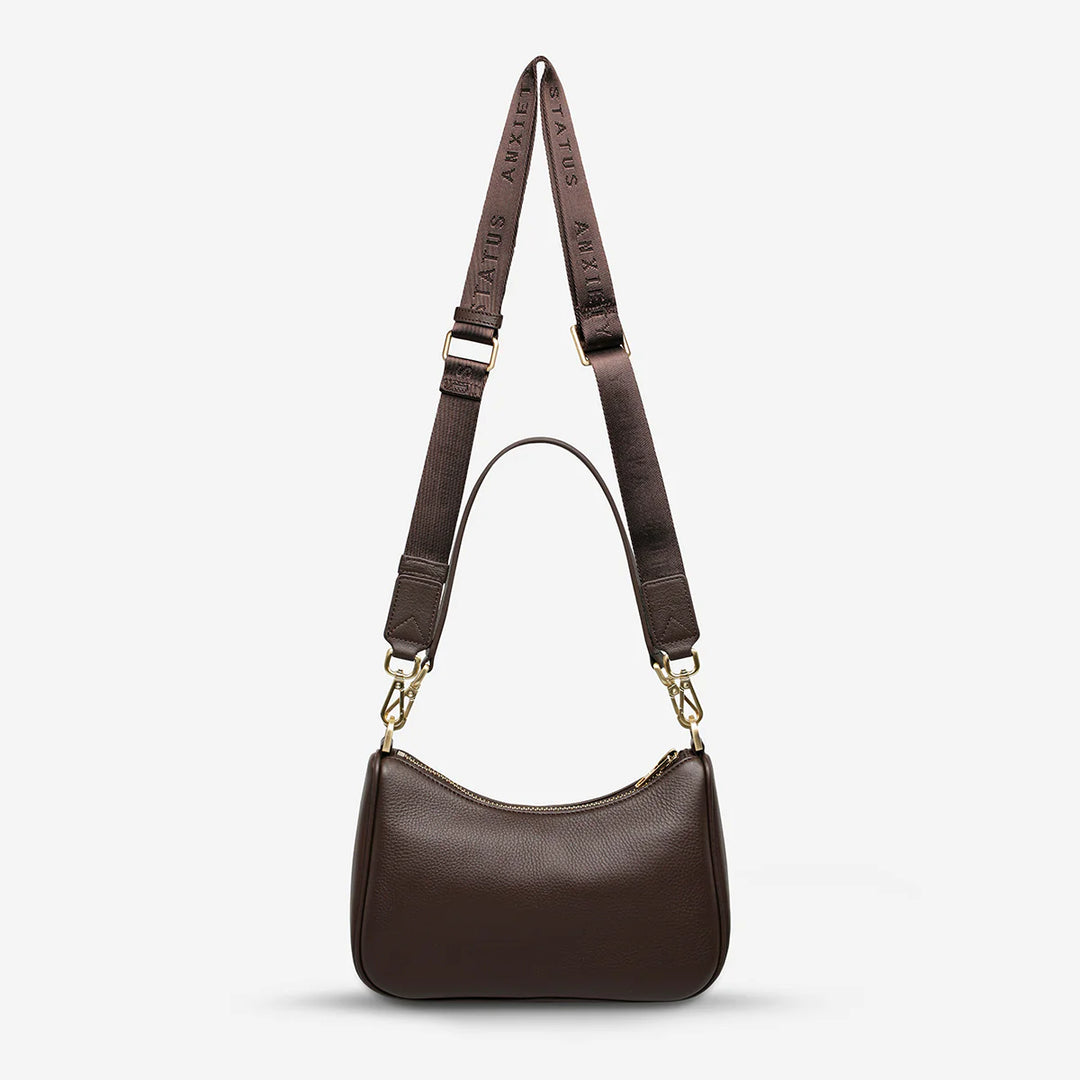 STATUS ANXIETY Womens Look Both Ways Leather Bag in Cocoa w Brushed Gold, WOMENS BAGS & CLUTCHES, STATUS ANXIETY, Elwood 101