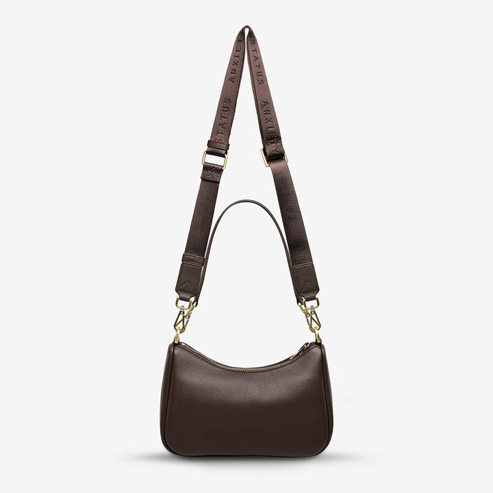 STATUS ANXIETY Womens Look Both Ways Leather Bag in Cocoa w Brushed Gold, WOMENS BAGS & CLUTCHES, STATUS ANXIETY, Elwood 101