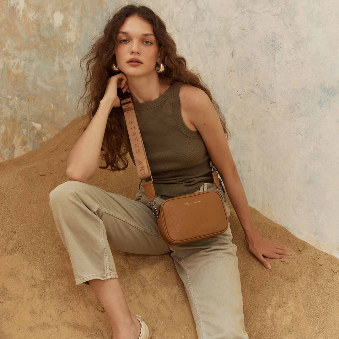 STATUS ANXIETY Womens Plunder Leather Bag with Dual Strap in Camel, WOMENS BAGS & CLUTCHES, STATUS ANXIETY, Elwood 101