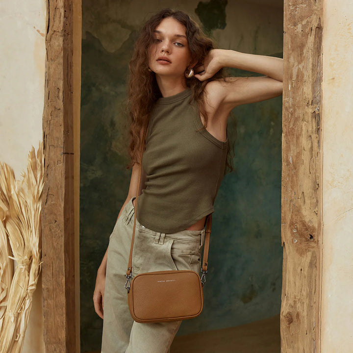 STATUS ANXIETY Womens Plunder Leather Bag with Dual Strap in Camel, WOMENS BAGS & CLUTCHES, STATUS ANXIETY, Elwood 101