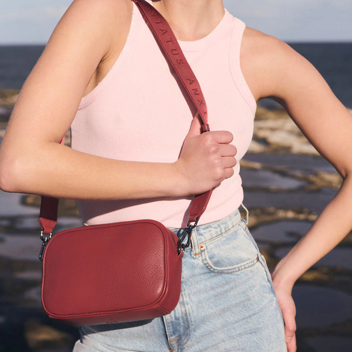 STATUS ANXIETY Womens Plunder Leather Bag with Dual Straps in Rouge, WOMENS BAGS & CLUTCHES, STATUS ANXIETY, Elwood 101