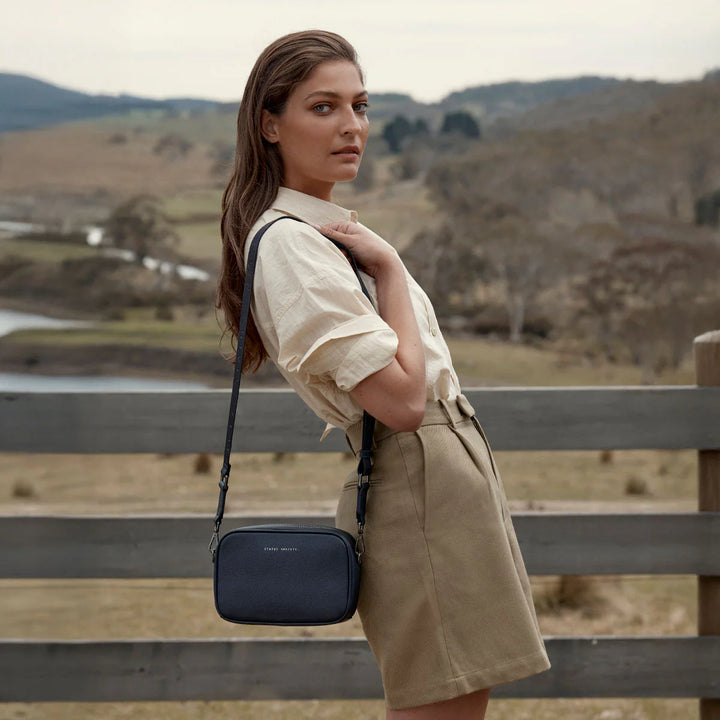 STATUS ANXIETY Womens Plunder Leather Bag with Dual Straps in Midnight Blue, WOMENS BAGS & CLUTCHES, STATUS ANXIETY, Elwood 101