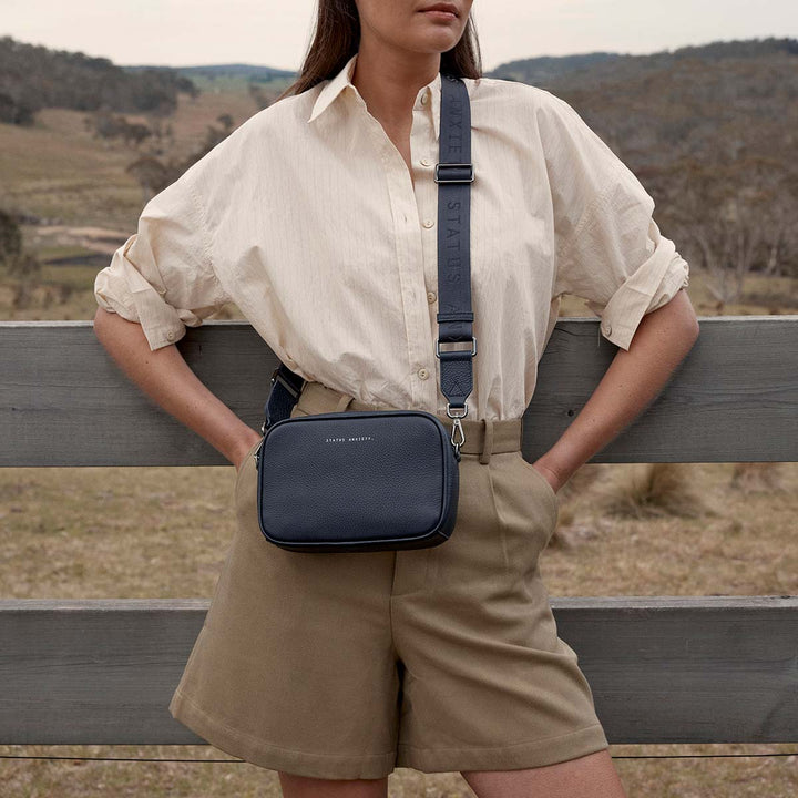 STATUS ANXIETY Womens Plunder Leather Bag with Dual Straps in Midnight Blue, WOMENS BAGS & CLUTCHES, STATUS ANXIETY, Elwood 101