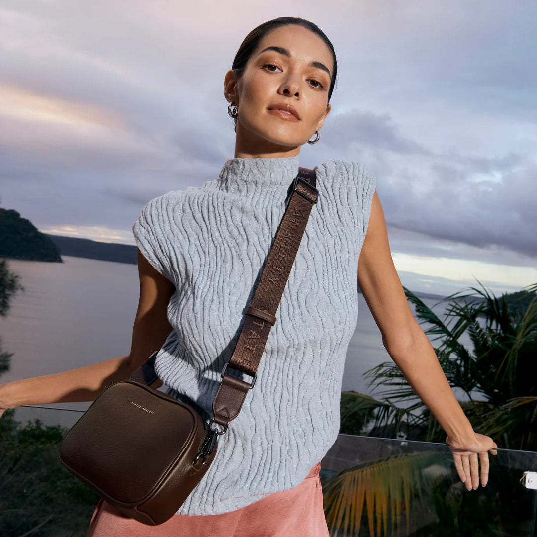 STATUS ANXIETY Womens Plunder Leather Bag with Webbed Strap  - Cocoa, WOMENS BAGS & CLUTCHES, STATUS ANXIETY, Elwood 101