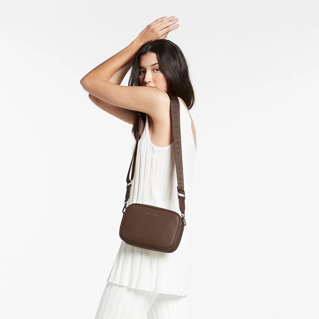 STATUS ANXIETY Womens Plunder Leather Bag with Webbed Strap  - Cocoa, WOMENS BAGS & CLUTCHES, STATUS ANXIETY, Elwood 101