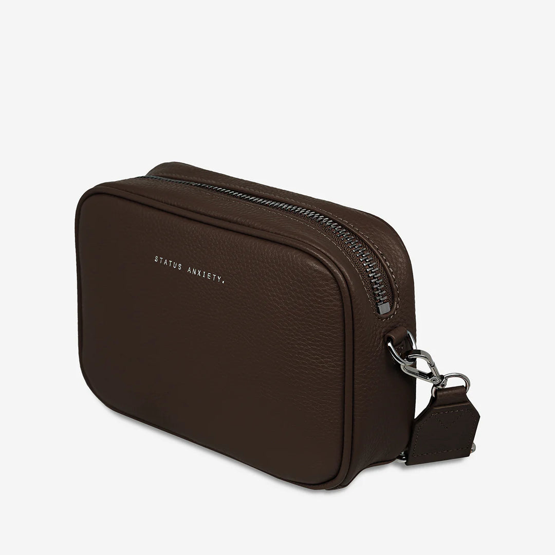 STATUS ANXIETY Womens Plunder Leather Bag with Webbed Strap  - Cocoa, WOMENS BAGS & CLUTCHES, STATUS ANXIETY, Elwood 101
