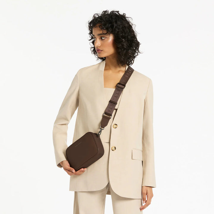STATUS ANXIETY Womens Plunder Leather Bag with Webbed Strap  - Cocoa, WOMENS BAGS & CLUTCHES, STATUS ANXIETY, Elwood 101