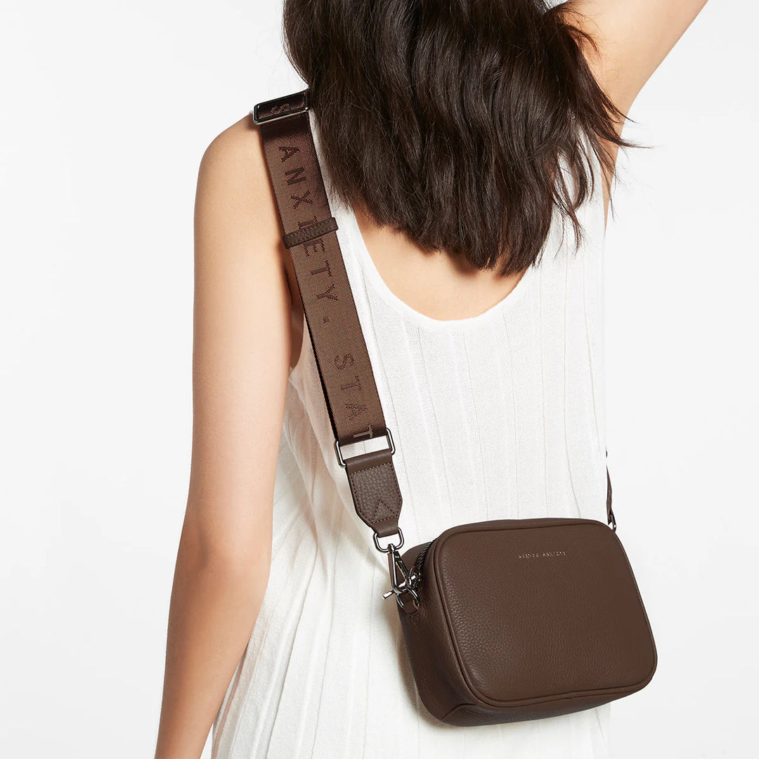 STATUS ANXIETY Womens Plunder Leather Bag with Webbed Strap  - Cocoa, WOMENS BAGS & CLUTCHES, STATUS ANXIETY, Elwood 101