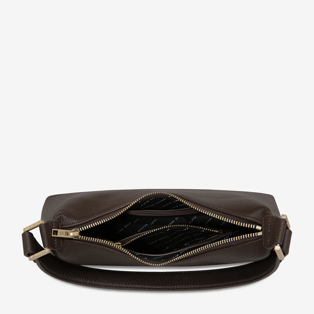 STATUS ANXIETY Womens Reverie Leather Bag in Cocoa w Brushed Gold, WOMENS BAGS & CLUTCHES, STATUS ANXIETY, Elwood 101